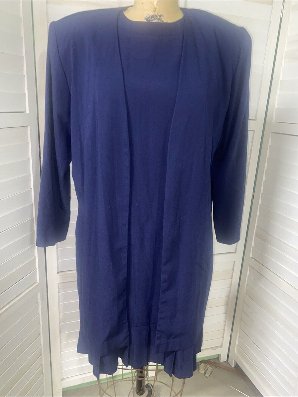 Vintage 80s Women’s Blue Two Piece Sheath Dress Blazer Set Size 14 Union Made